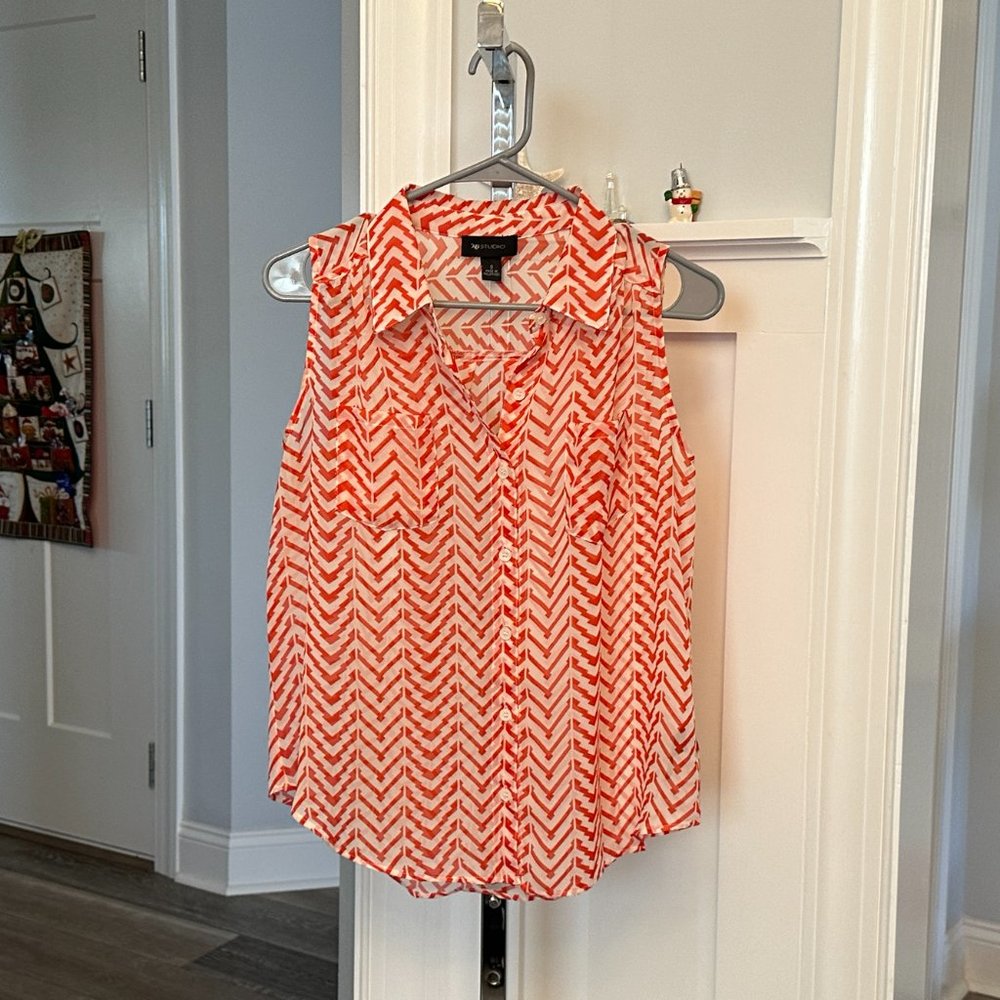 AB Studio Sz S Fabulous Sleeveless Blouse Button Down Top Orange Coral & White
